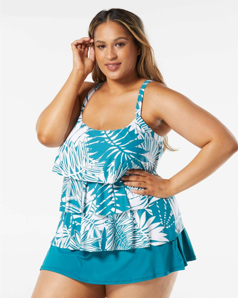 Front of a model wearing a size 16W Jane Ruffle Tiered Tankini in LAGOON by Beach House Woman. | dia_product_style_image_id:282046